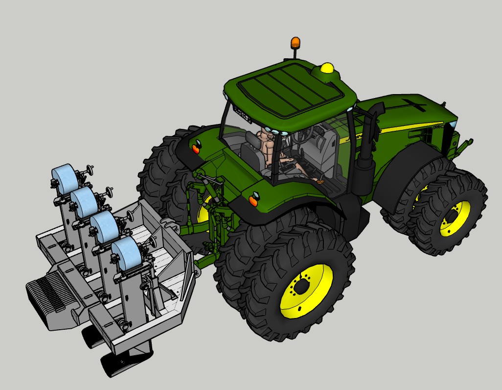 3D design rendering of the Bravo four-roll subsurface membrane installation implement mounted on a tractor