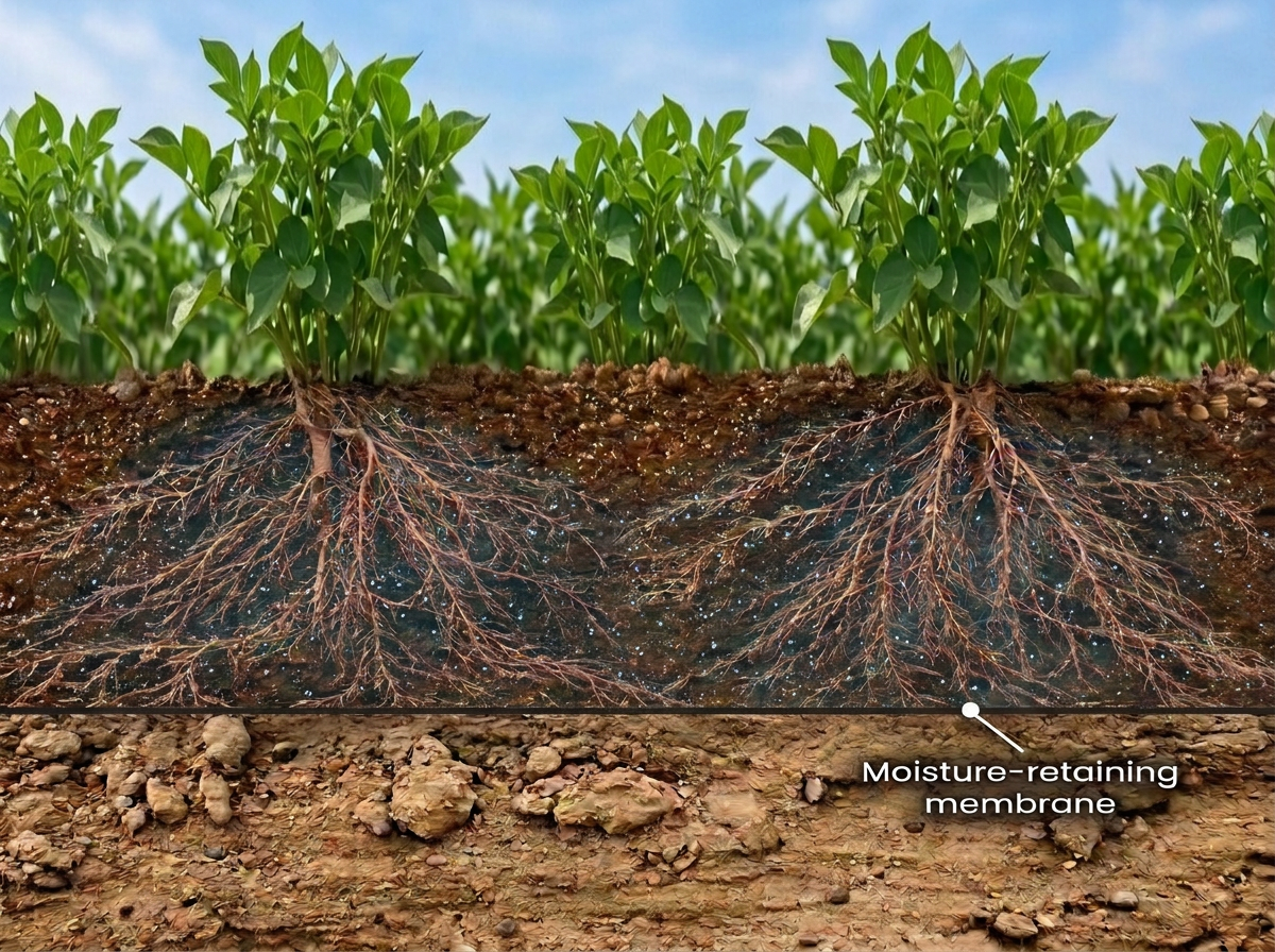 Soil cross-section showing membrane retaining moisture below the root zone